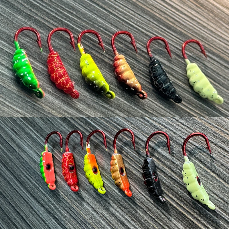 TAKEDO 6PCS/BAG 22MM 1.5G Maggot Worm Fishing Lure Ice Fishing Hook Lead JigBait Metal Jig Hooks Carp Bass Ice Lure