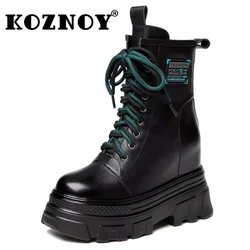 Koznoy 10cm bydlęce botki z prawdziwej skóry ukryte obcasy na platformie buty na koturnie brytyjskie buty damskie krowa wiosna jesienna mokasyny na kostkę