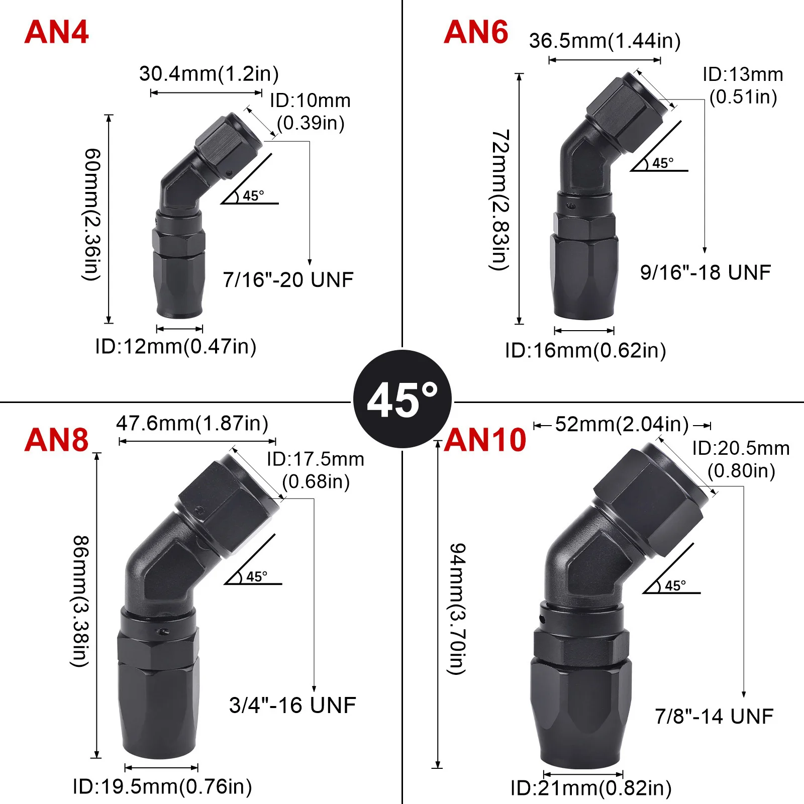 Universal 45 Degree 90 Degree Aluminum AN4 AN6 AN8 AN10 Forged Type Swivel Hose End Fitting Adapter For CPE Oil Cooler Fuel Line