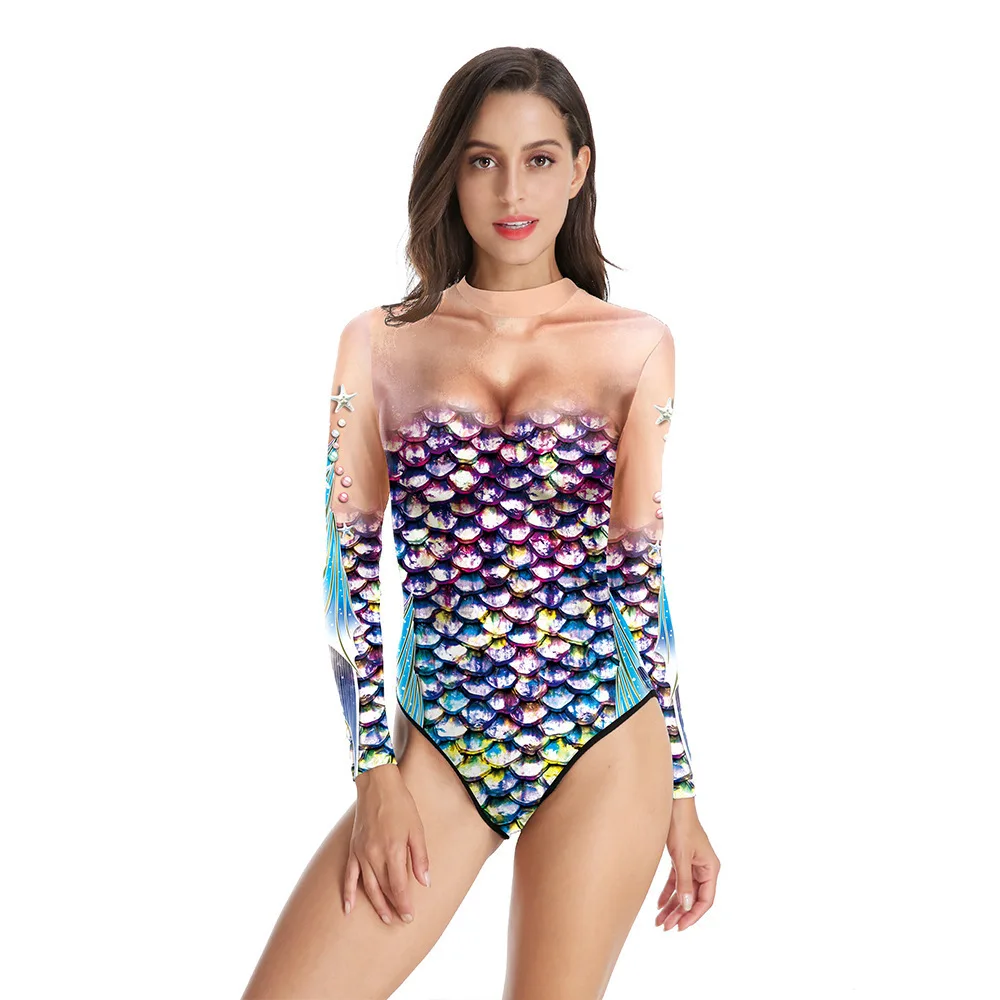 Women Mermaid Cosplay Costume 3d Digital Printing Ladies Long-sleeved Fish Scales Swimsuit Clown Skull Bodysuits Holiday Zentai view 3