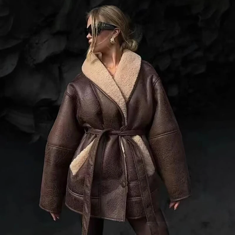 Winter Fake Cashmere PU Jacket For Women V-neck With Belt Spliced Warm Overcoat American Fashion High Street Thicke Coat