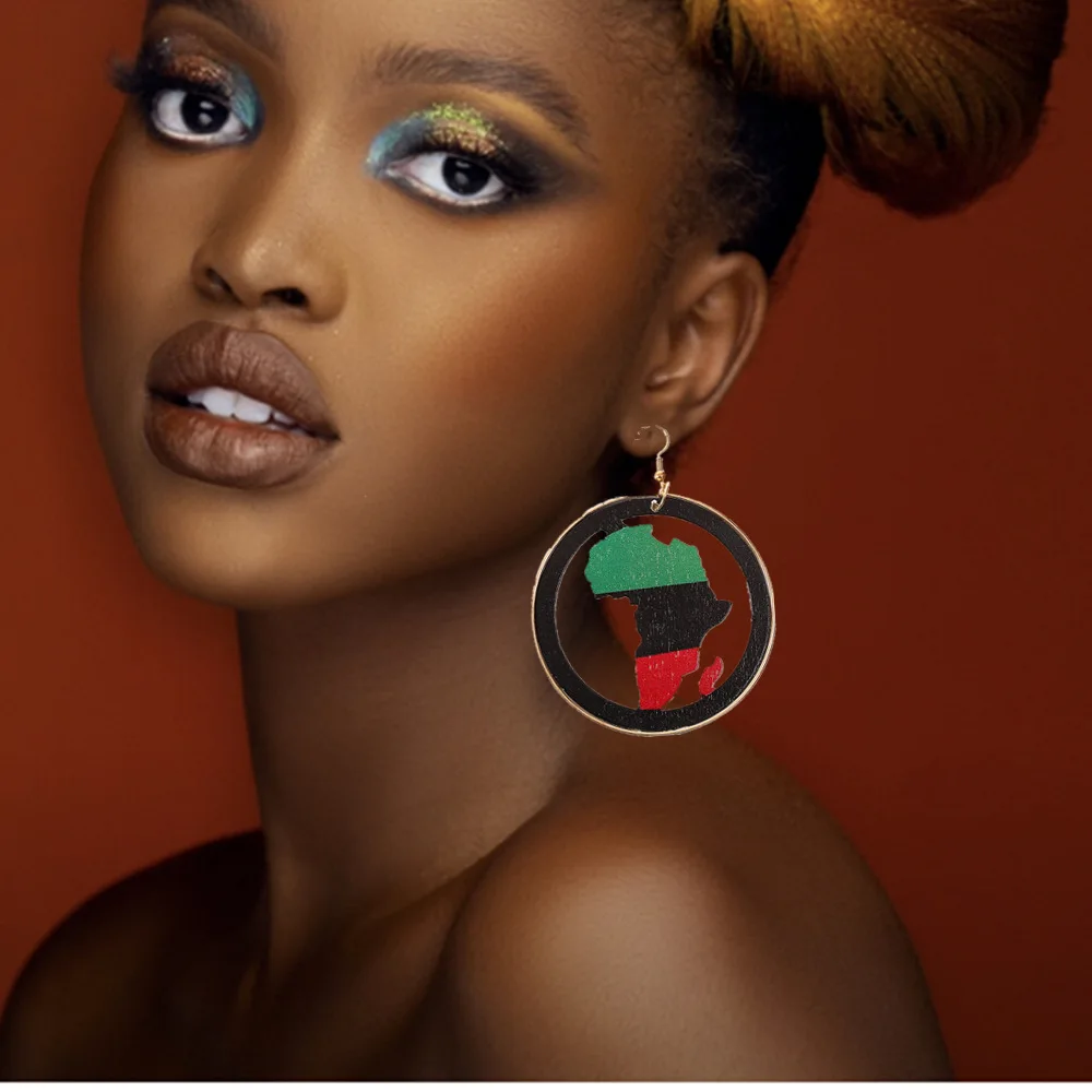 Africa Map  Hollow Wood Large Exaggerated Hip Hop Nightclub Amazon Earrings