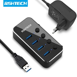 RSHTECH-concentrador de red USB 3,0 de 5Gbps, expansor de concentrador de 4 puertos de aluminio con interruptor de encendido/apagado Individual, Hub USB para juegos, PS4, Xbox, PC