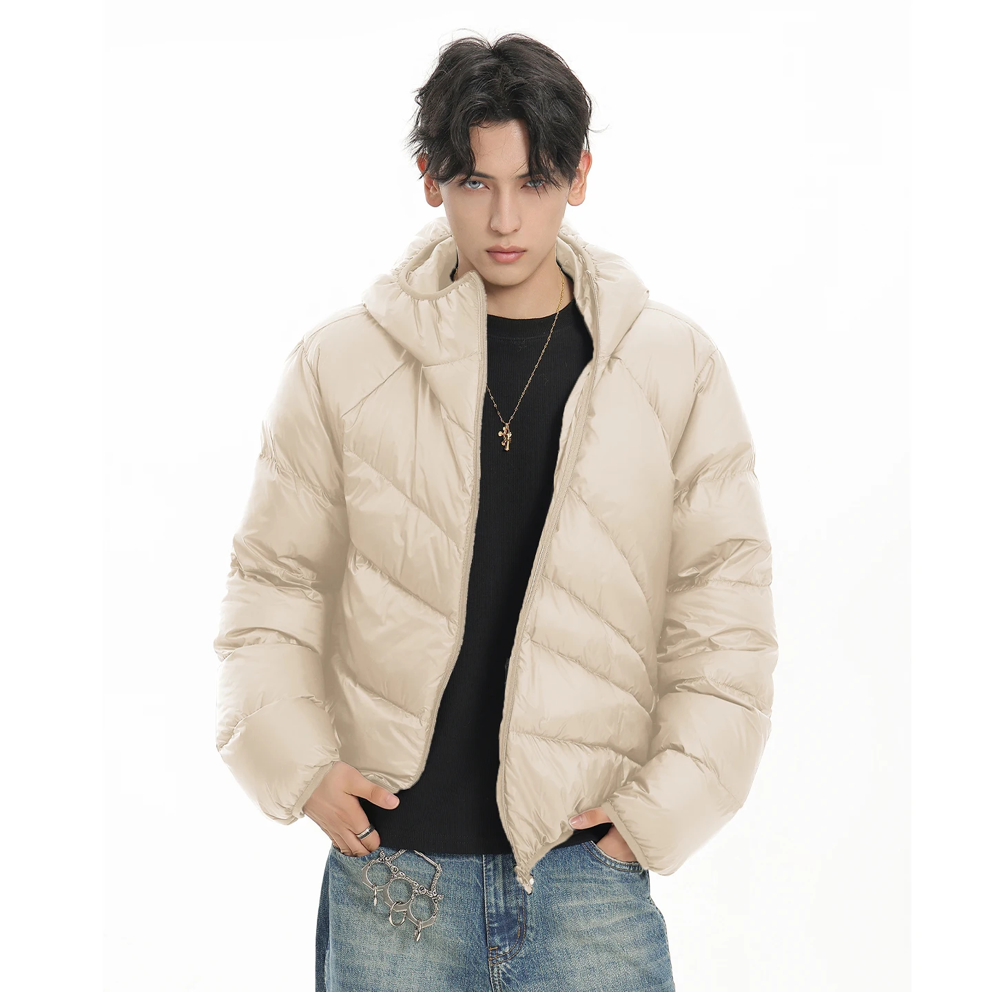 الرجال 2025 شتاء جديد عصري قطري سستة مقنعين أسفل السترات الرجال الرجعية خفيفة الوزن الأبيض بطة أسفل معاطف بلون معاطف #3