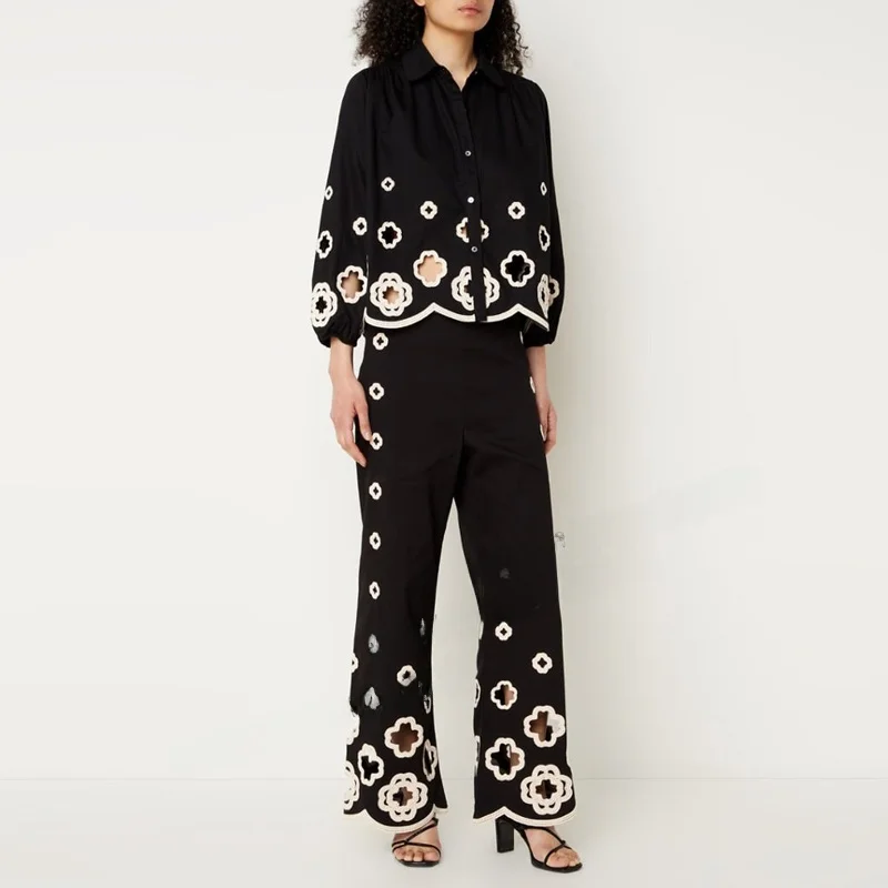 

Spring 2024 Women's Black White Embroidered Ethnic Hollow out Nine Sleeve Shirt Top And Long Pants Set Fashionable Cotton Blend