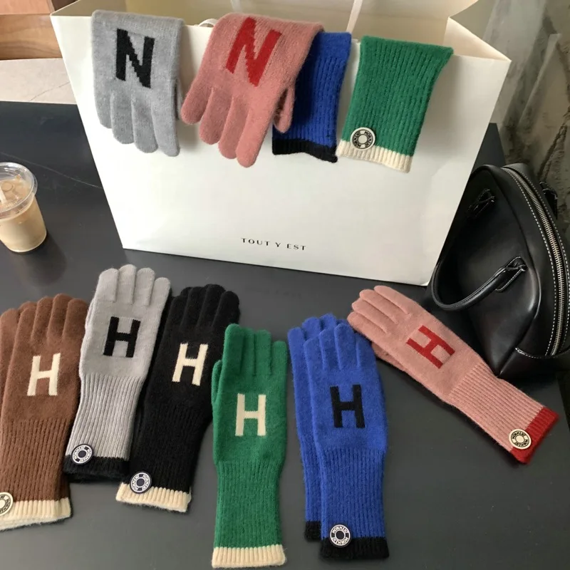Winter Touch Screen Knitted Gloves Women N H Pattern Gloves Warm Gloves Solid Fluffy Work Gloves Harajuku Mittens For Women