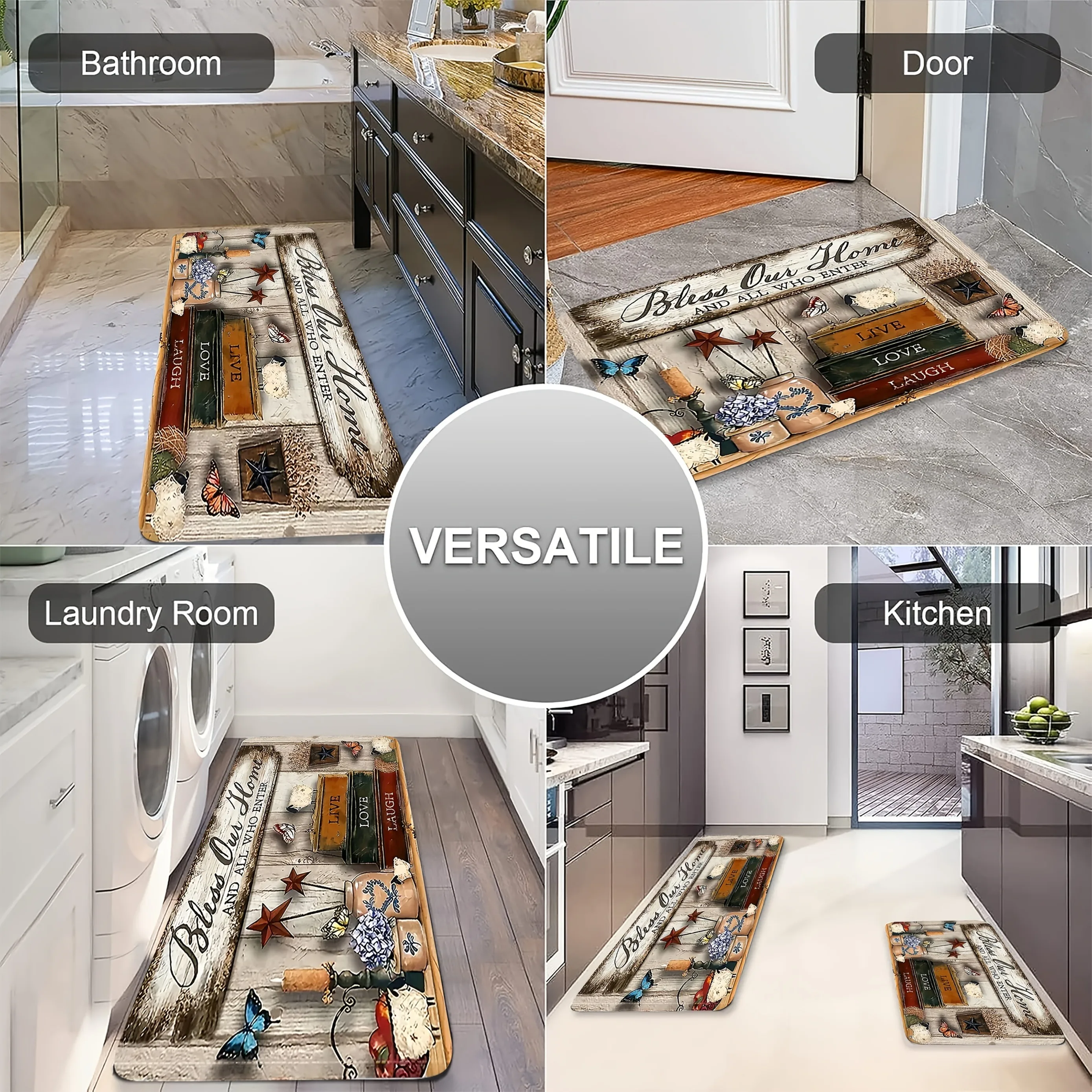 

1PC Bless Our Home Pattern Kitchen Rug Non-Slip Door Mats Pop design Bathroom Rug Bath Mat Carpet for Home Sink Laundry Decor