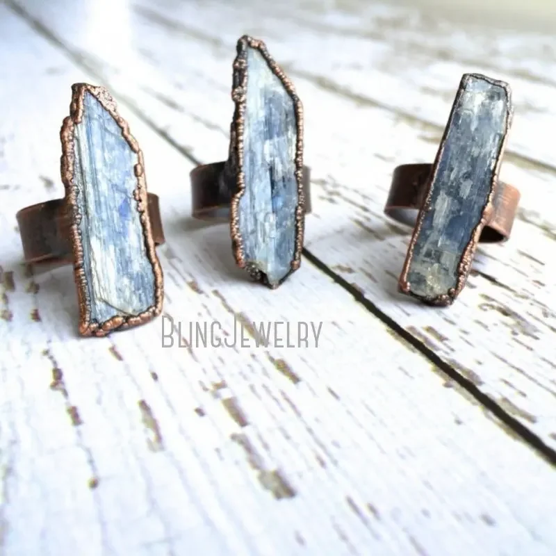 10pcs Copper Kyanite Raw Blue Stone Gunmetal Statement Mineral Cocktail Ring  Halloween Women Stainless Steel Band Retro Jewelry