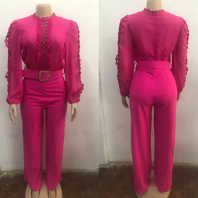 Doyerl Elegant Romper Woman Jumpsuit Birthday Long Sleeve Hollow Out High Waist One Pieces Overalls Club Party Outfits with Belt