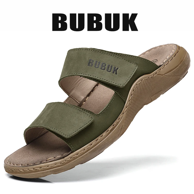 Bubuk Men's First-Layer Cowhide Sports Slippers, Stylish Slip-On Outdoor Beach Sandals, Breathable Summer Shoes for Men, with Arch Support, Suitable for Travel and Hiking