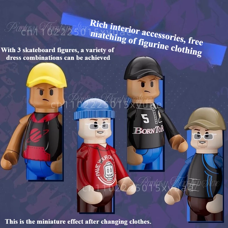 Nueva tienda de monopatín de Hip Hop americano, construcción de calle, modelos de ensamblaje, decoración de escritorio, colección de juguetes, regalo de cumpleaños