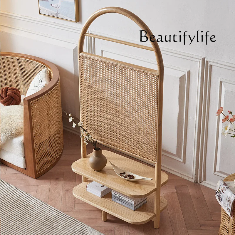 Nordic solid wood seat screen Japanese rattan screen removable retro entrance door blocking rack