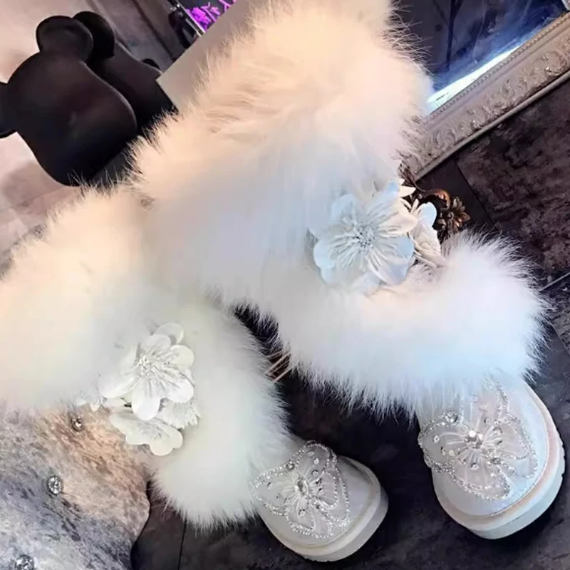 

Женские сапоги до колена на платформе с пушистым мехом и стразами, зима 2026, теплые зимние сапоги на толстой подошве с цветком, повседневные вечерние сапоги