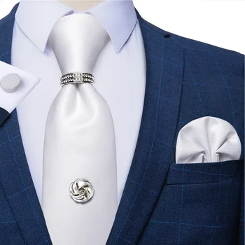 8Cm Mannen Witte Bruiloft Stropdas Set Met Stropdas Tack Ketting Effen Blauw Groen Rode Zijde Polyester Stropdas Zakdoek manchetknopen Accessoire