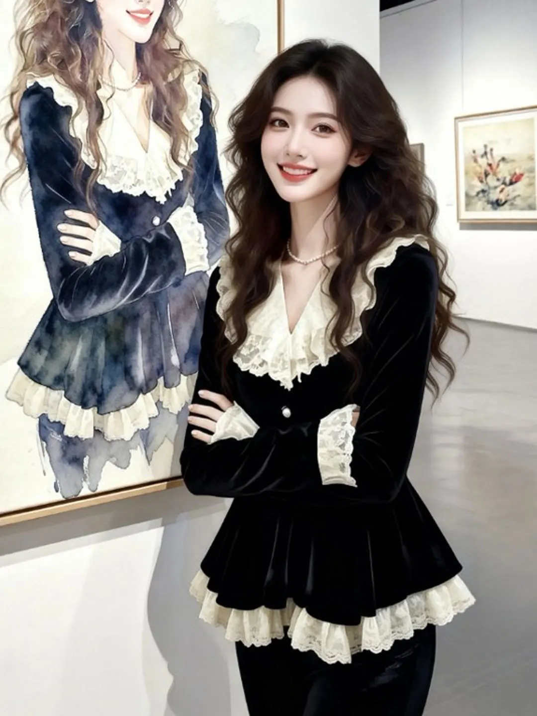 

Ele Velvet irt with Ruffle Hem V-Neline Faionable Gentle Sle Long Sve Women's Top for Spring Season