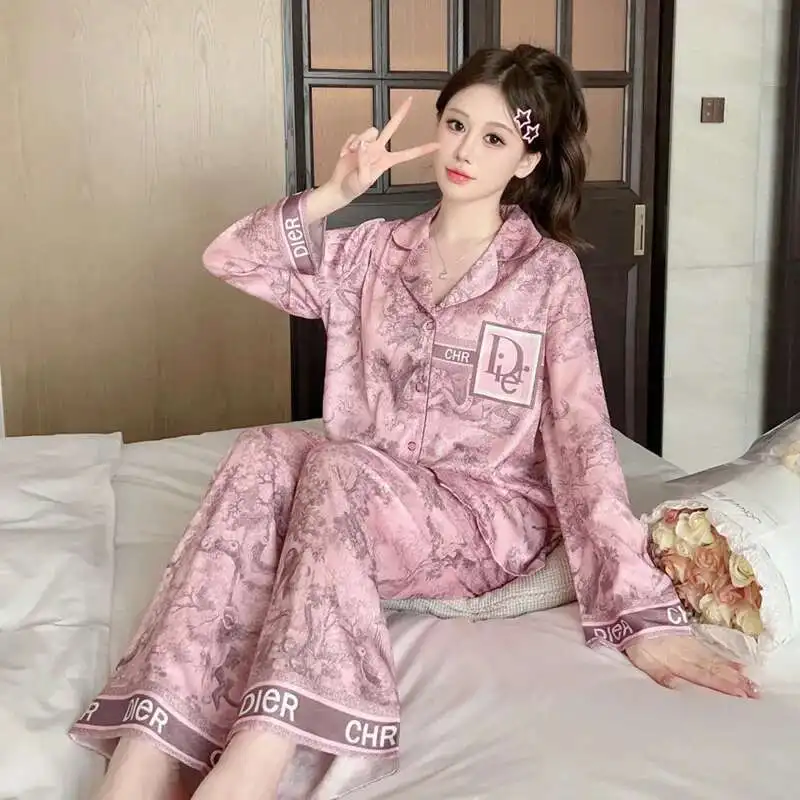 

2025 Spring Summer Luxury New Style Pajamas Women Ice Silk Two Piece Set Tiktok Pink Fashion Home Clothes Nightgown Sleepwear