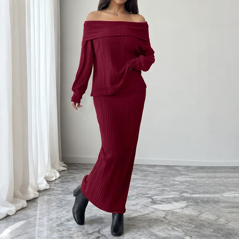 New Autumn Winter Retro Elegant Style Warm One-shoulder Knitted Solid Color Fashion Suit