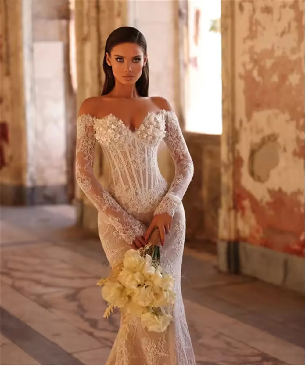 

Elegant Wedding Dresses Mermaid Strapless Long Sleeves Lace Appliques Bride Prom Gown 2025 Chic Bridal Gown Customized