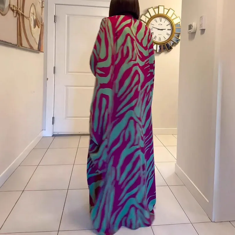 Damskie sukienki maxi na jesień z długim rękawem, w stylu boho, rozkloszowane, nowość 2025, idealne na wakacje, plażę, z szalem, luźne, z rozcięciem, z nadrukiem vintage.