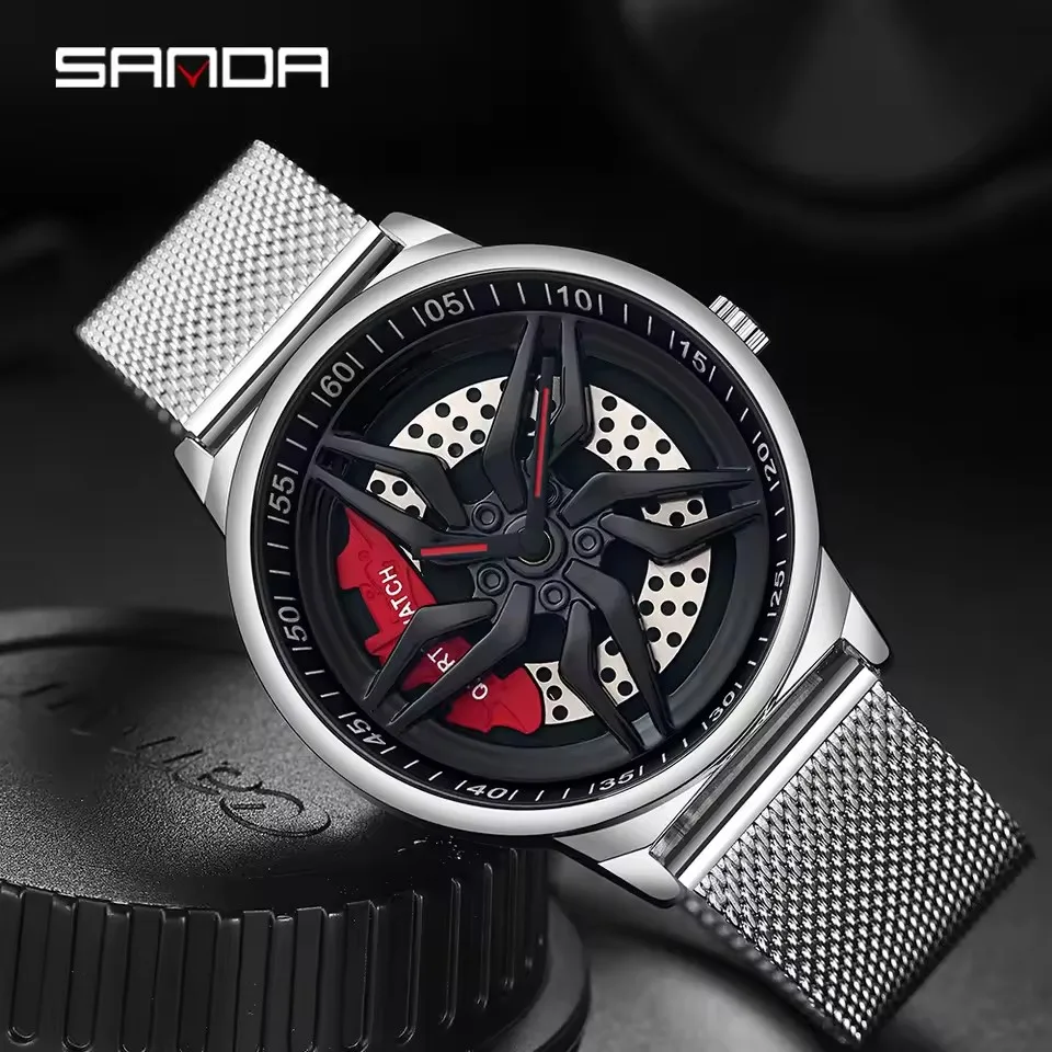 SANDA 1022-heren quartzhorloge Uniek echt 3D-model Draaiende auto Luxe mode Lichtgevende waterdichte horloges voor mannen reloj hombre