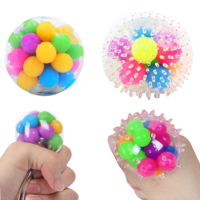 Glitter Grape Shaped Ball Stress Relief Toy Rainbow Bead Ball Squeeze Ball Toy Kid Adult Sensory Decompression Toys