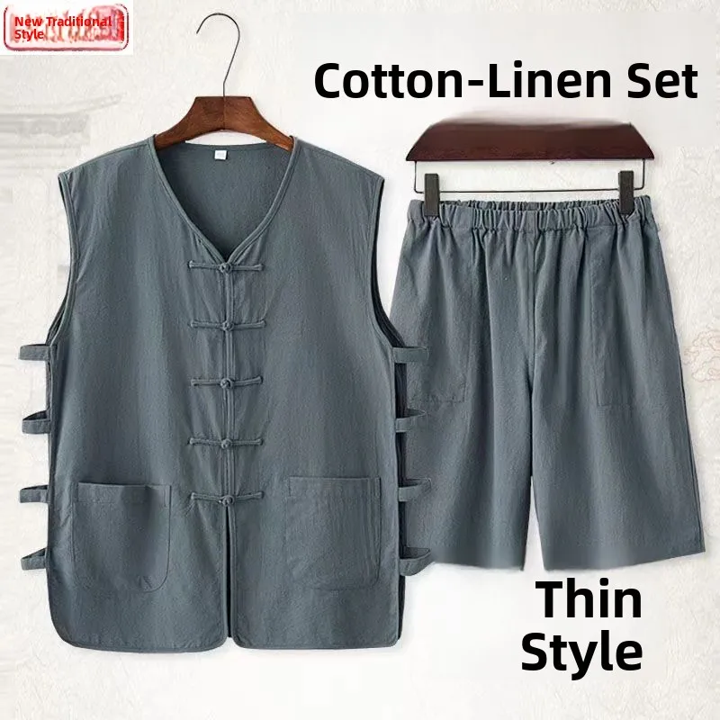Men's Loose Fit Breathable Thin Short Sleeve Vest And Shorts Set Button up Retro  Summer Clothing Cotton Linen Blend