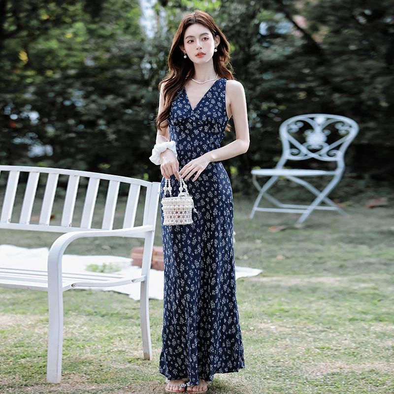 Women Navy Blue Floral Print Maxi Dress Summer V Neck Sleeveless A Line Long Dress Elegant Casual Beach Sundress For Vacation