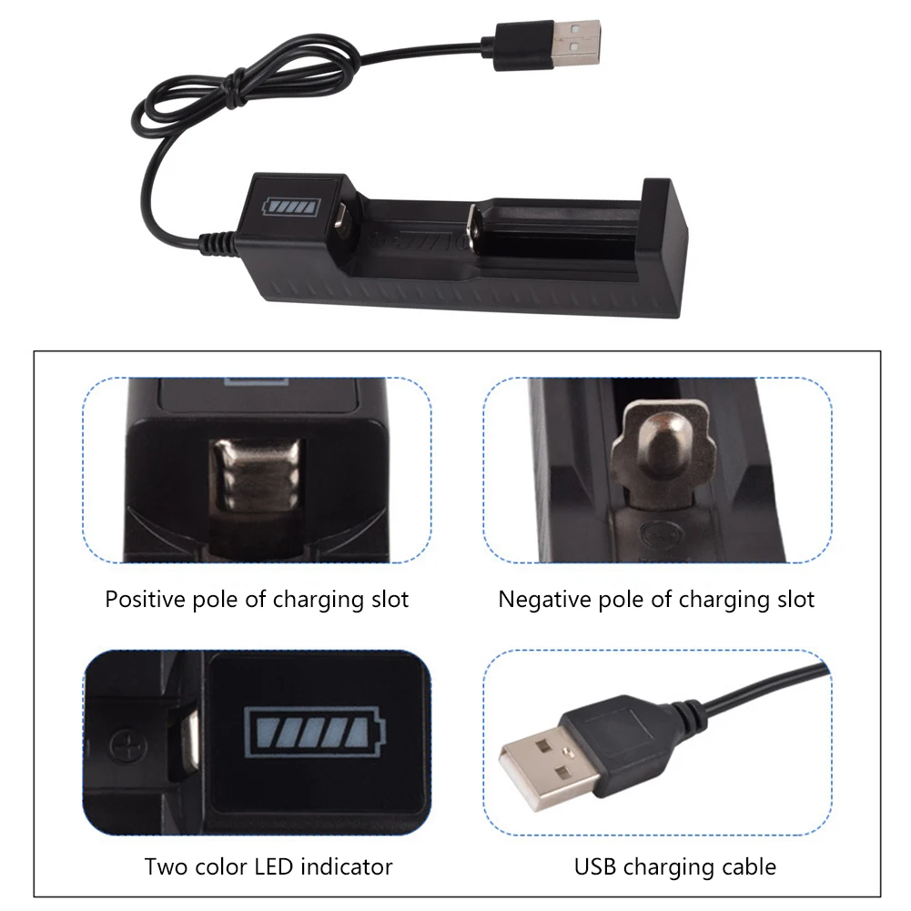 1 Slot Charger Rechargeable Lithium Battery for 16340 14500 18650 26650 3.7V Lithium Battery USB Fast Charge