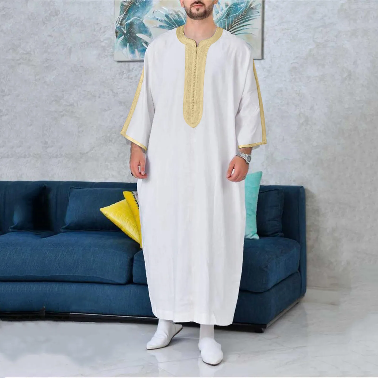 Men\'S Jubba White Man Kaftan Jabador Gandoura 2024 Embroidery Men Thobe Long Sleeve Muslim Clothes Vintage Casual Men Robe