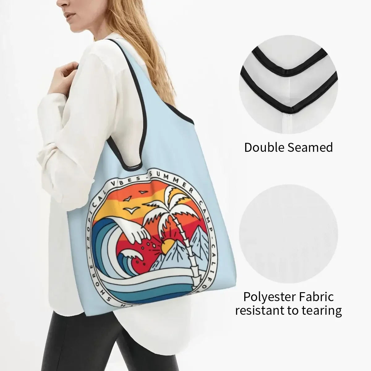 California Beach Surfing Groceries Shopping Bags Custom Shopper Tote Shoulder Bag Big Capacity Portable Summer Surfer Handbag