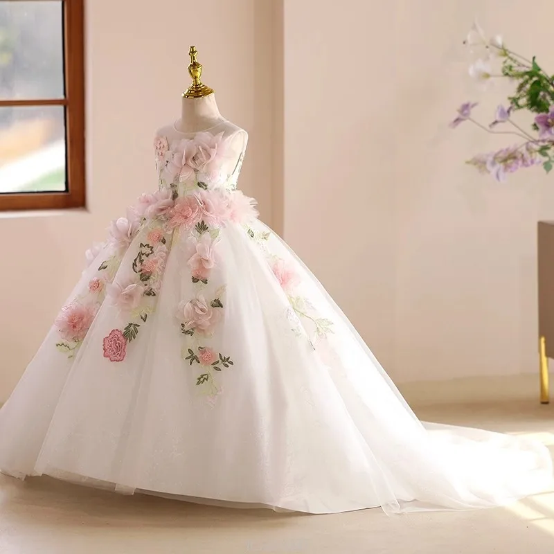 Elegant Dress For Girls Long Dress Floral Host Dresses Outfit Birthday Wedding Flower Gown Clothes Costume Children Pageant