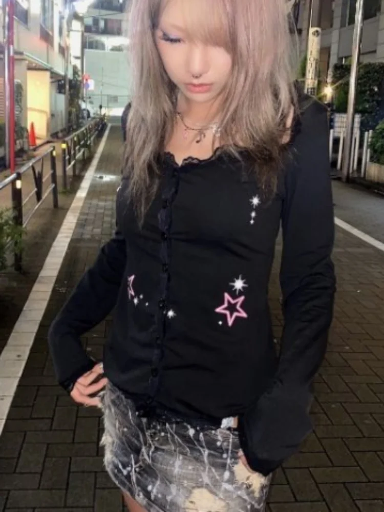 2024 Black Lace Patchwork T Shirt Harajuku Crop Top T-shirt Female Star Print Y2k Aesthetic Buttons Tops Autumn Long Sleeve Tees