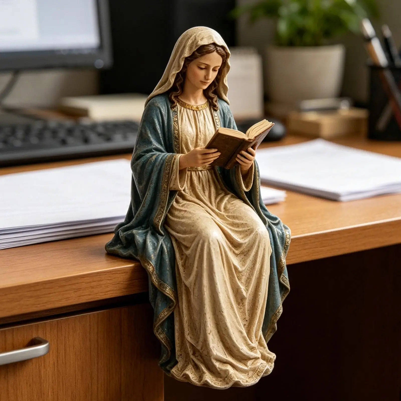 Catholic Statues Seated Reading Sculpture Catholic Figurine for Home Living Room Kitchen Apartment Dorm Bookshelf Church Chapel