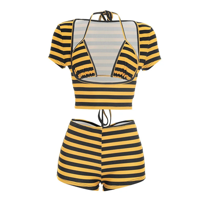 

Sexy hot girl Europe and America style new sling short top+shorts striped printed three piece set