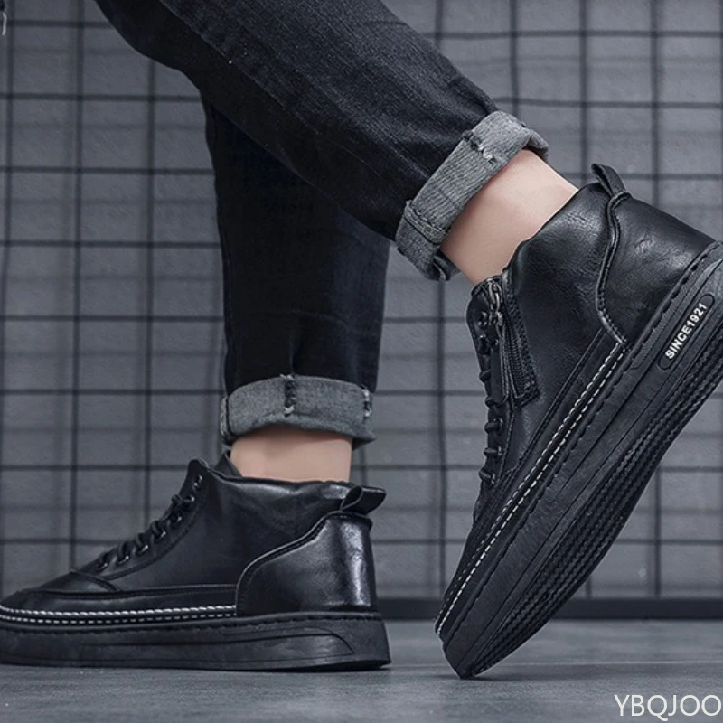 

Зимняя мода большого размера с толстым флисом и теплыми мужскими короткими ботинками, модные и повседневные мужские ботинки с высоким берцем и плоской подошвой.