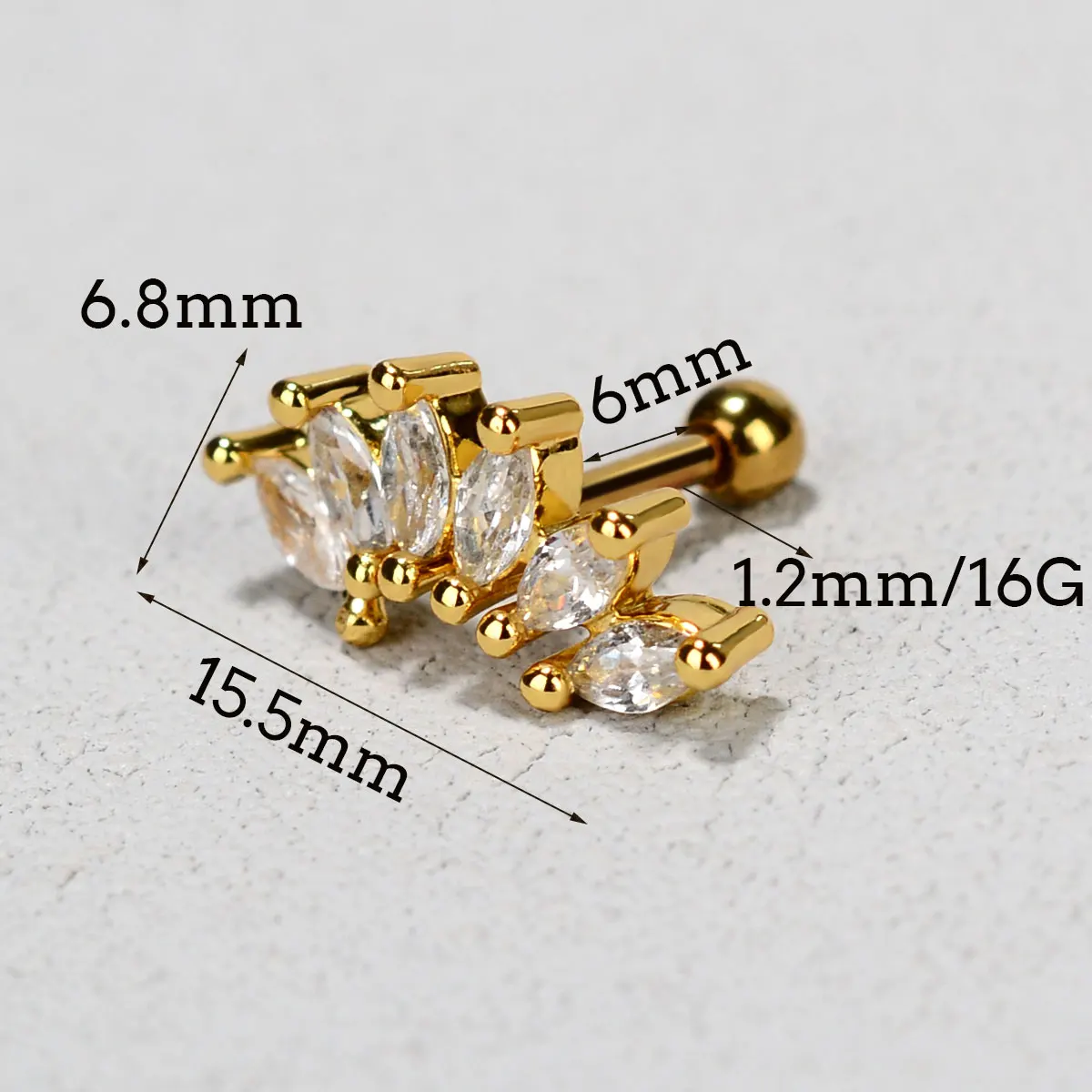 Curved CZ Cartilage Stud Moon Leaf Earring, Stainless Steel