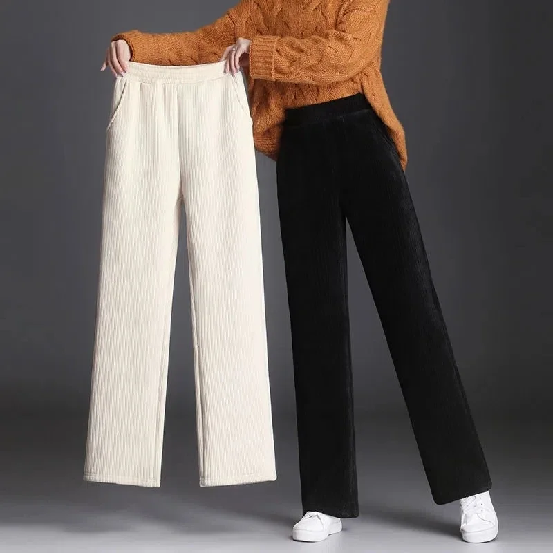 Casual Super Thick Elastic Waist Baggy Trousers Mom Basic Chenille Snow Pantalones New Winter Cashmere Wide Leg Pants Women