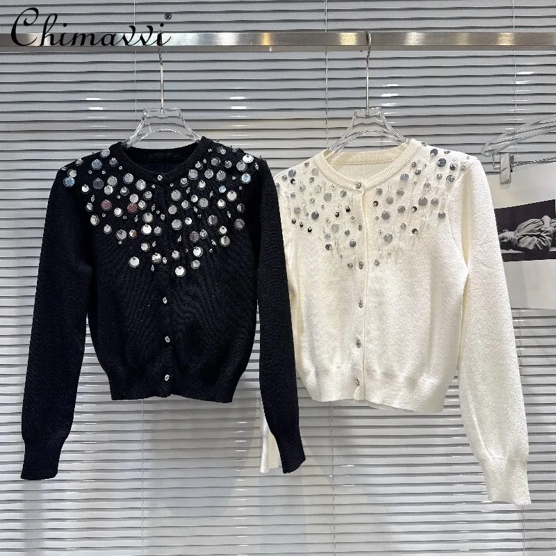

Осенняя одежда 2024, новый тяжелый светский вязаный кардиган с бисером + однотонный камзол, комплект из двух предметов, элегантный женский свитер