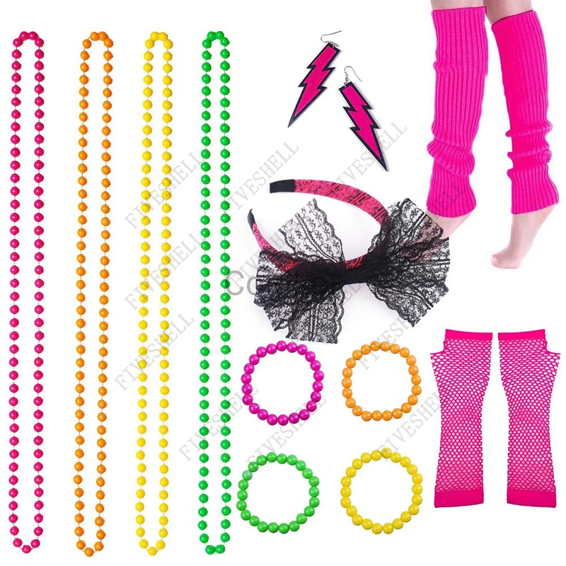 

1980s Cosplay Fancy Dress Accessories Neon Necklace Bracelet Earrings Fishnet Gloves Leg Warmers Lace Headband Halloween Party