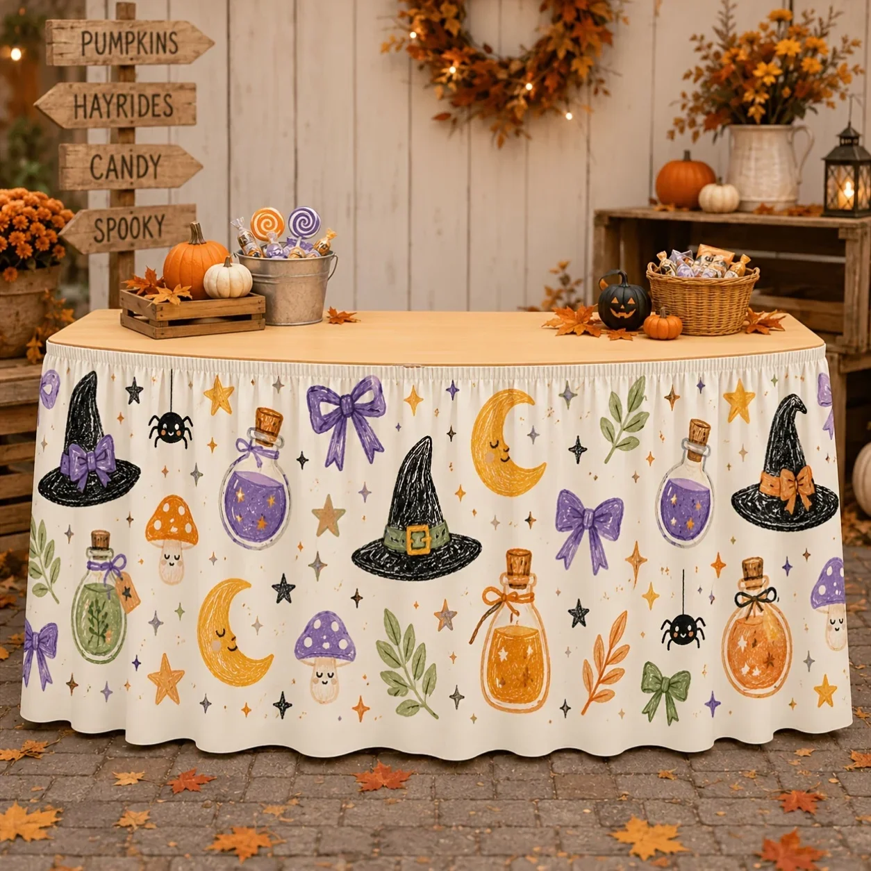 tablecloth or table skirt. Cute witch Halloween table skirt. Textured pencil - imaginative wizard Halloween party decoration.xzj