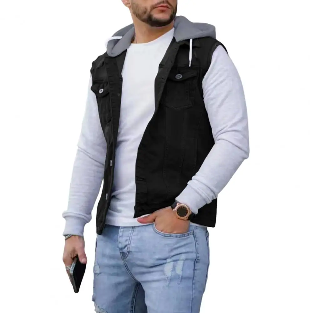 Men Hooded Vest Denim Patchwork Streetwear Autumn Winter Single Breasted Drawstring Waistcoat for Daily Wear