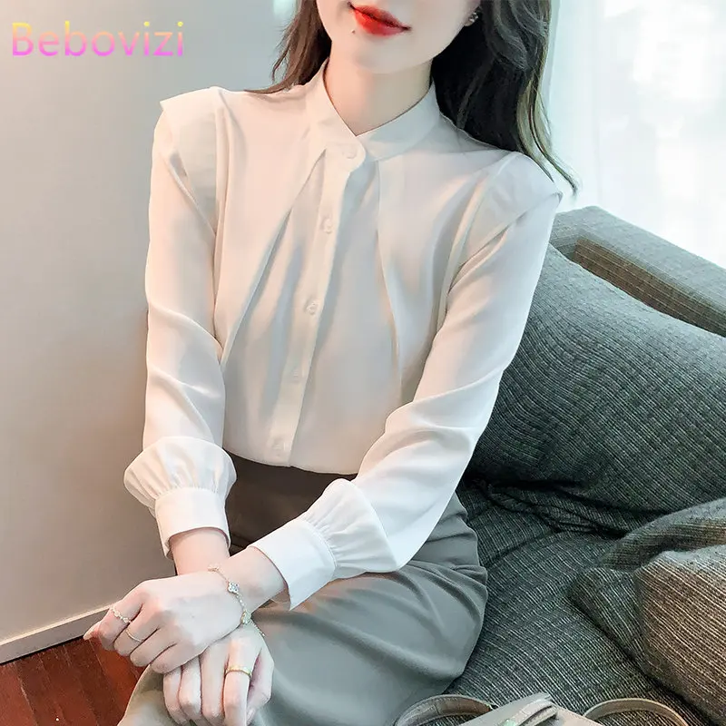 

Fashion Casual Long Sleeve Shirt Women 2022 New Stand Collar Office Lady White Chiffon Blouse Top