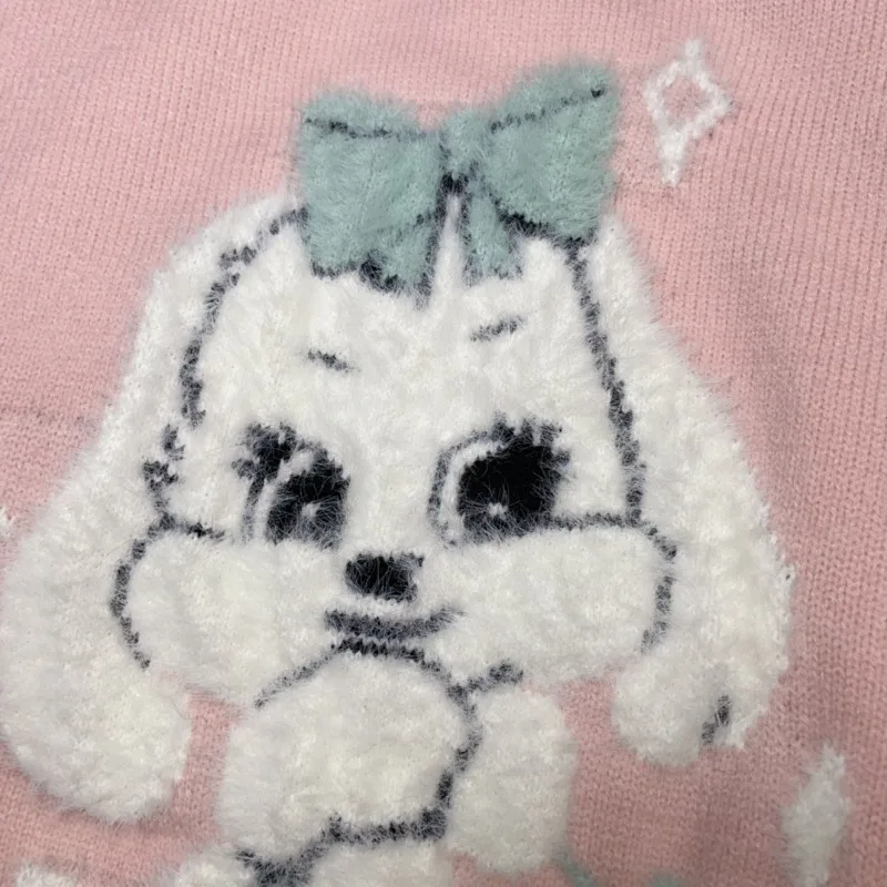 Autumn And Winter New Korean Style Sense Of Design Knitwear Contrast Color V-neck Cute Cartoon Jacquard Youthful-Looking Sweater