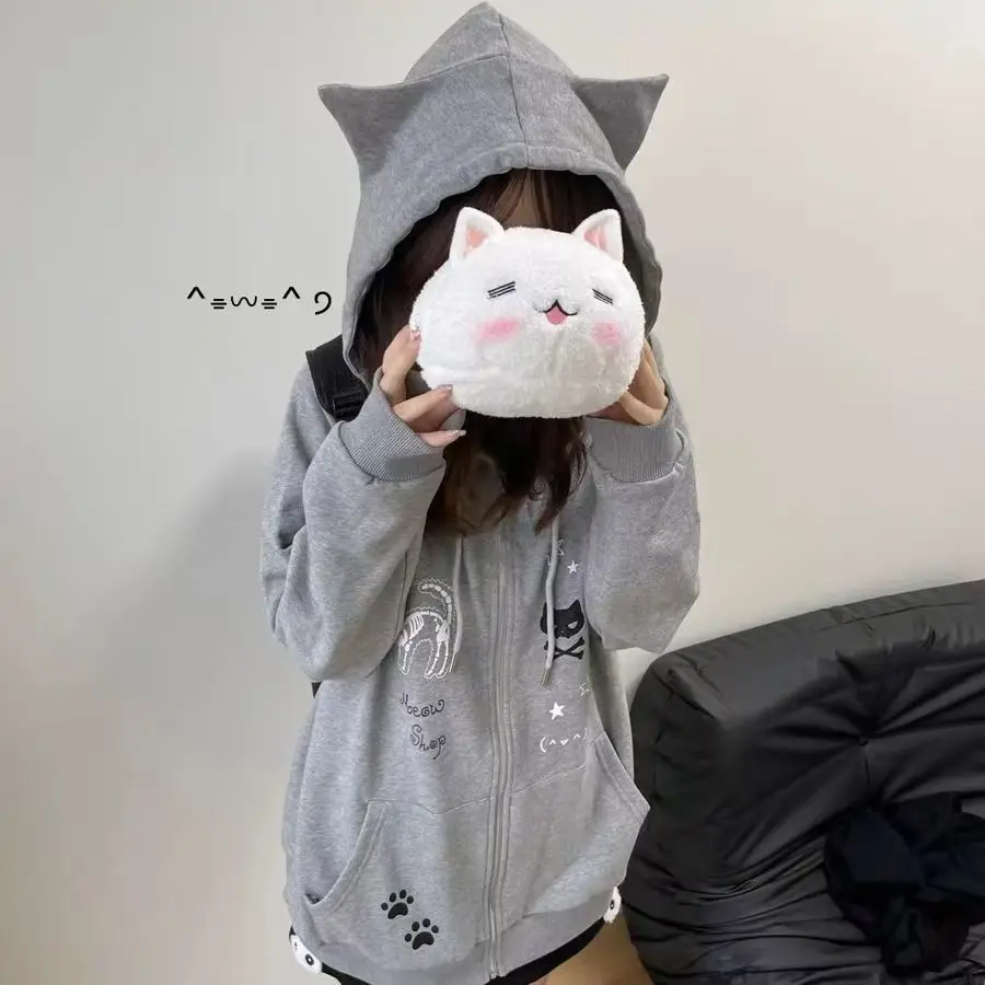 

Harajuku Sweet Long Sleeve Hooded Jacket Cat Ears Women Casual Y2k Tops Kawaii Cartoon Printed Zipper Coat Anime 2025 Autumn