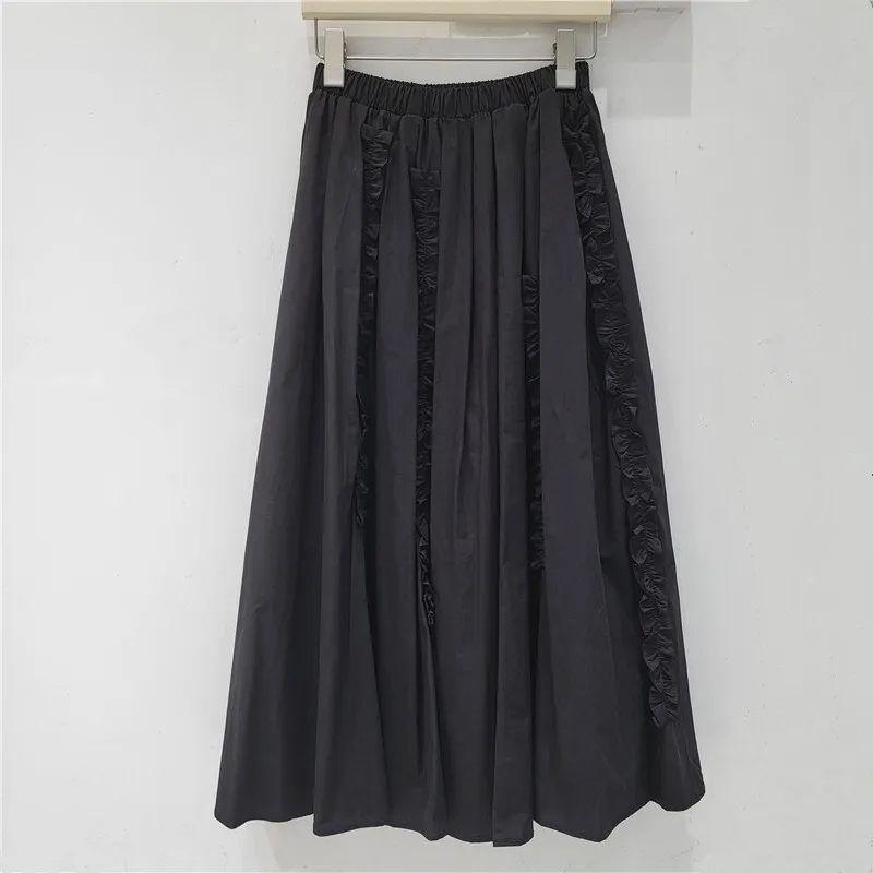 WTHT New Fashion Women's Spliced Ruffled Edge Solid Color A-line Skirts 2025 Spring Elastic High Waist Loose Skirt Female 1LS727