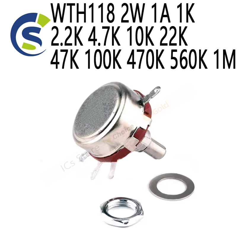 2 szt. Potencjometr 470R z okrągłym wałem, potencjometr obrotowy z węglowym elementem konoidalnym WTH118 2W 1A 1K 2.2K 4.7K 10K 22K 47K 100K 470K 560K 1M