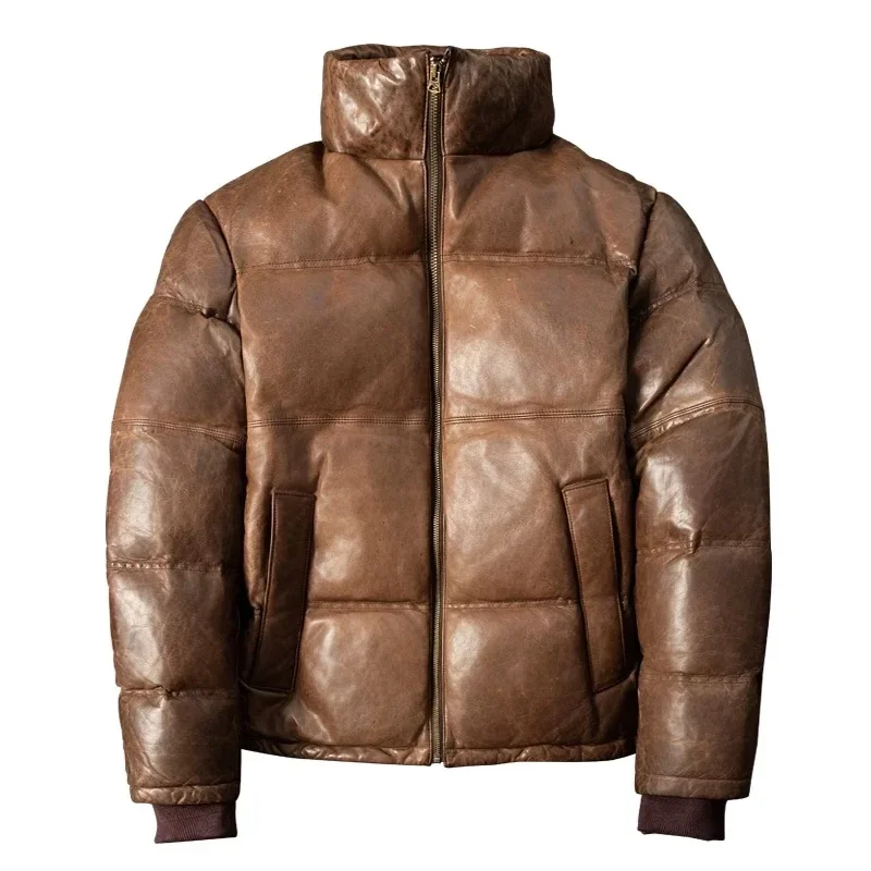 Men's Winter Down Jacket Genuine Leather Duck Down Warm Jacket For Men Real Sheepskin Leather Coat Brown Casual Clothing