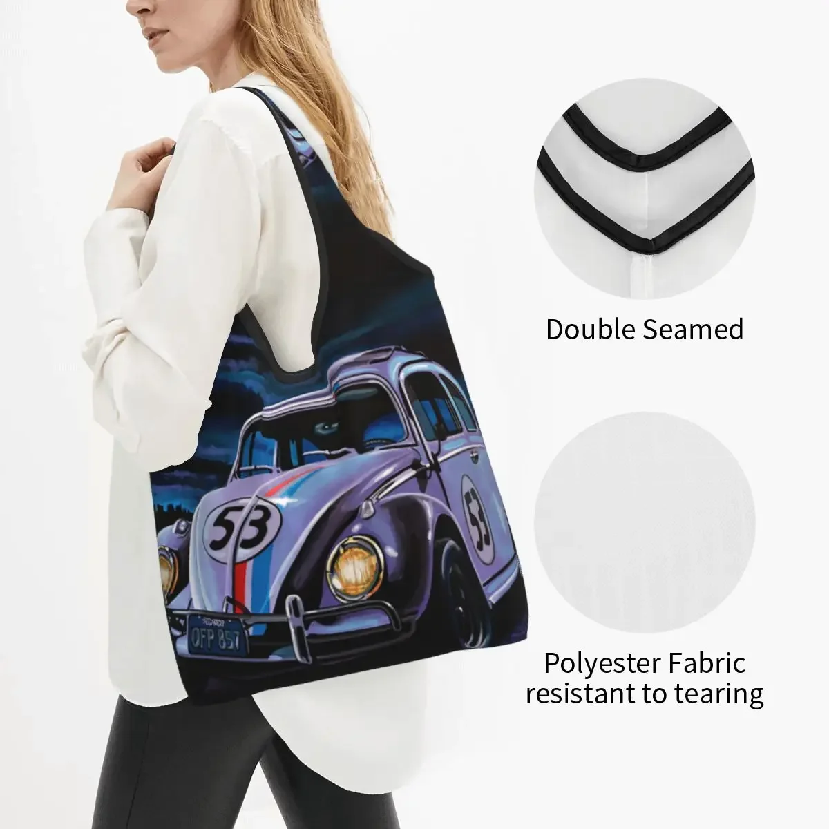 Custom Fashion Printing Classic Racing Car Herbie Shopping Tote Bag Portable Shoulder Shopper Handbag