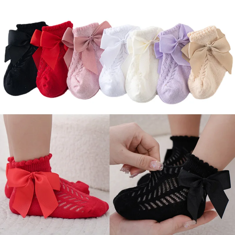 

3Pairs Newborn Baby Ankle Socks With Bows Children Cotton Sock Summer Hollow Out Kids Girls Socks Breathable Infant Socken