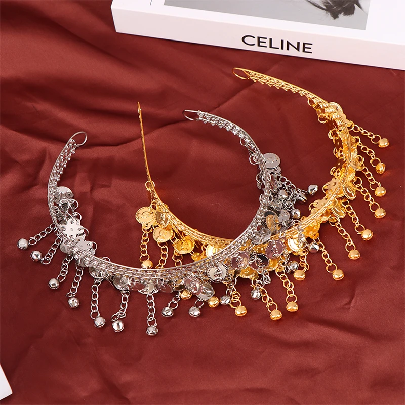 Horquilla de danza del vientre para mujer, diadema gitana con borlas de monedas, accesorios de ropa de rendimiento de baile indio, cadena para la cabeza, 1 unidad